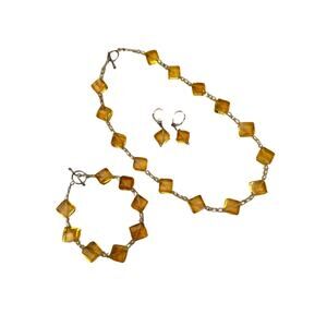 Yellow Glass Three Piece Jewelry Set Necklace, Bracelet, Earrings